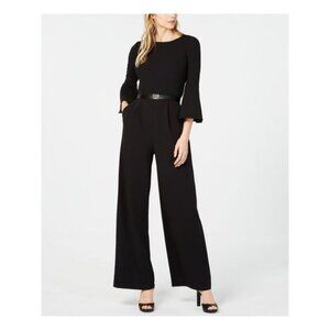 CALVIN KLEIN Womens Black Belted Bell Sleeve Wear To Work Wide Leg Jumpsuit 14